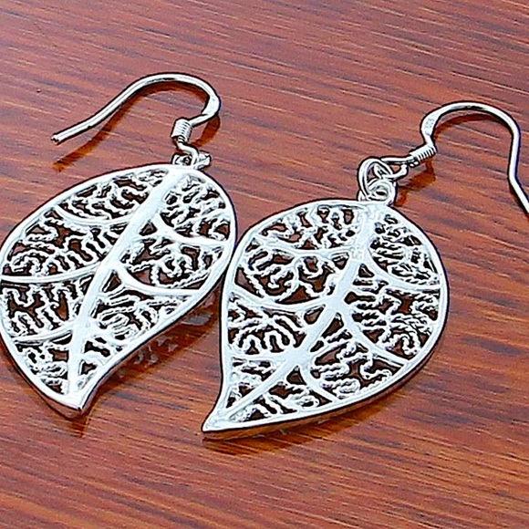 Sterling Silver Feather Hollow Out Statement Dangle Earrings - Picture 4 of 4